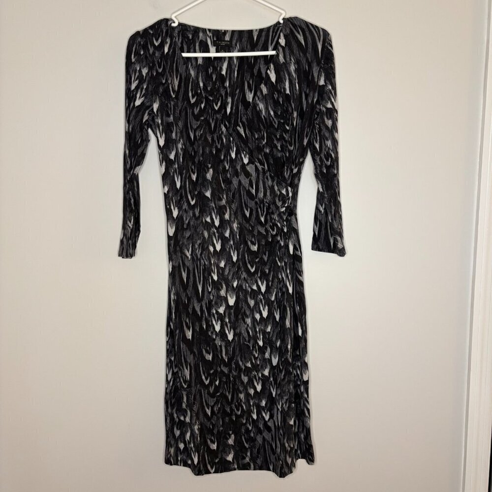 TALBOTS Petites P 3/4 Sleeve V-Neck Stretch Wrap Dress Black White